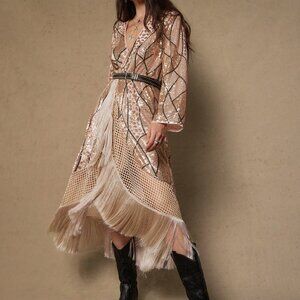 Gold Party Women's Plus Size Sequin Fringe Jacket Elegant Dress